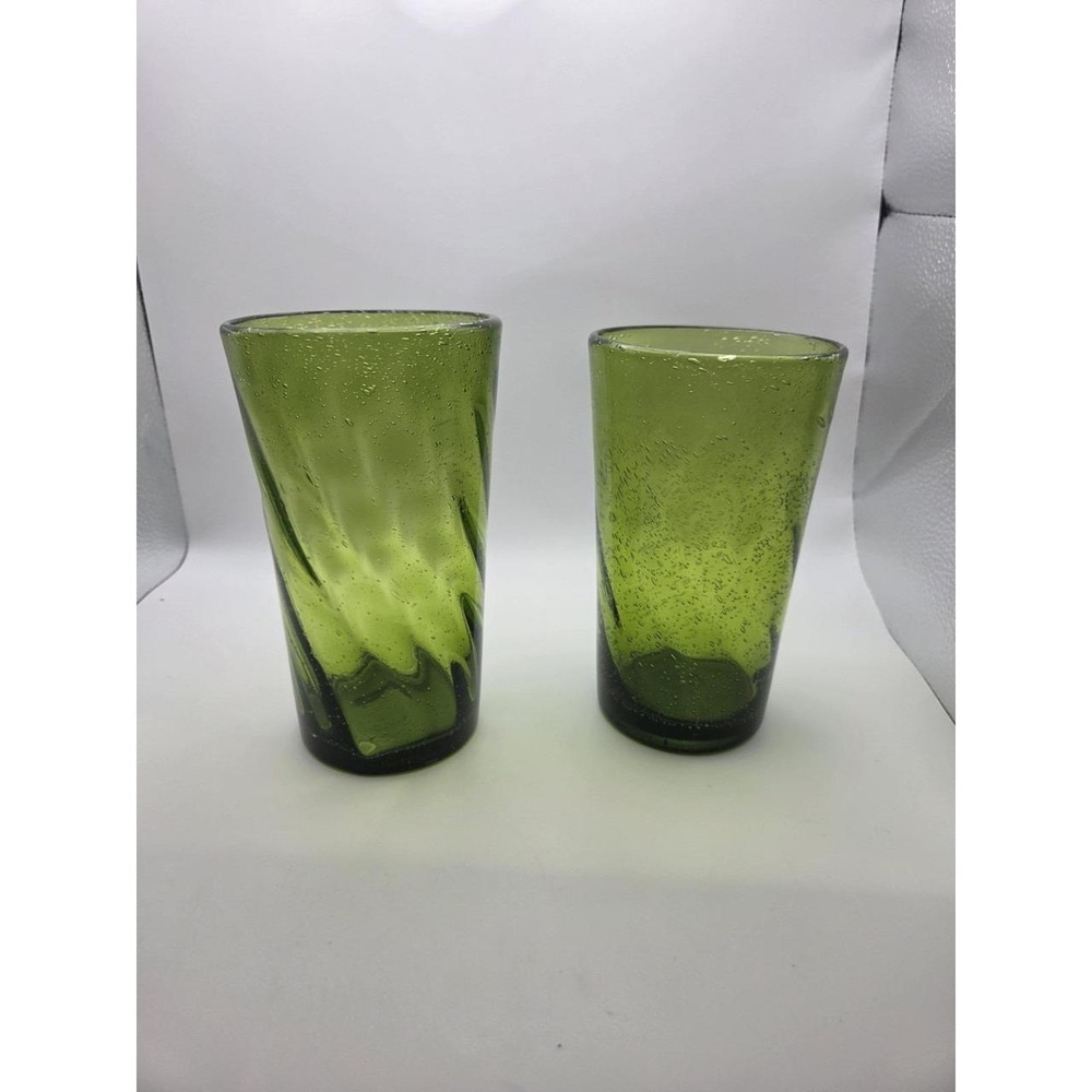 2 vtg hand blown green glass air bubbles suspended set 16 oz
